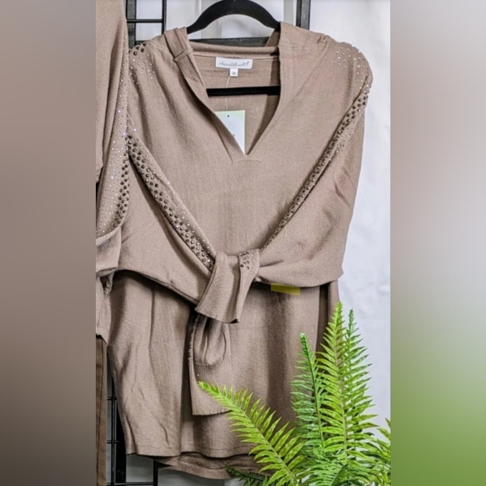 NWT Keren Hart Jeweled Sleeve Hooded Sweater size S Mocha Tan S-2390 - Picture 2 of 16